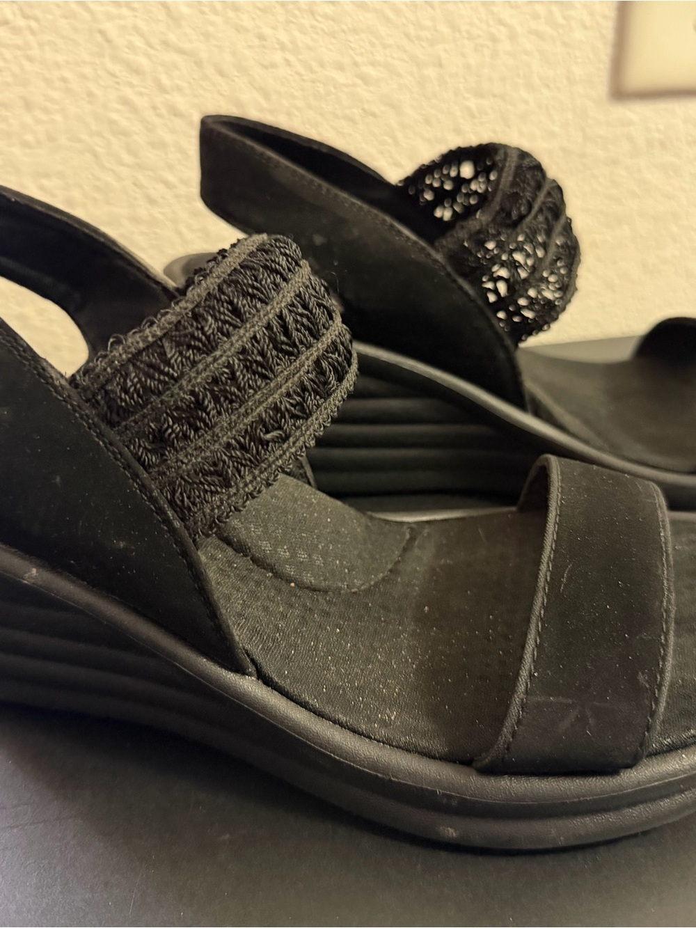 Skechers Black Crochet-Strap Wedge Sandals
